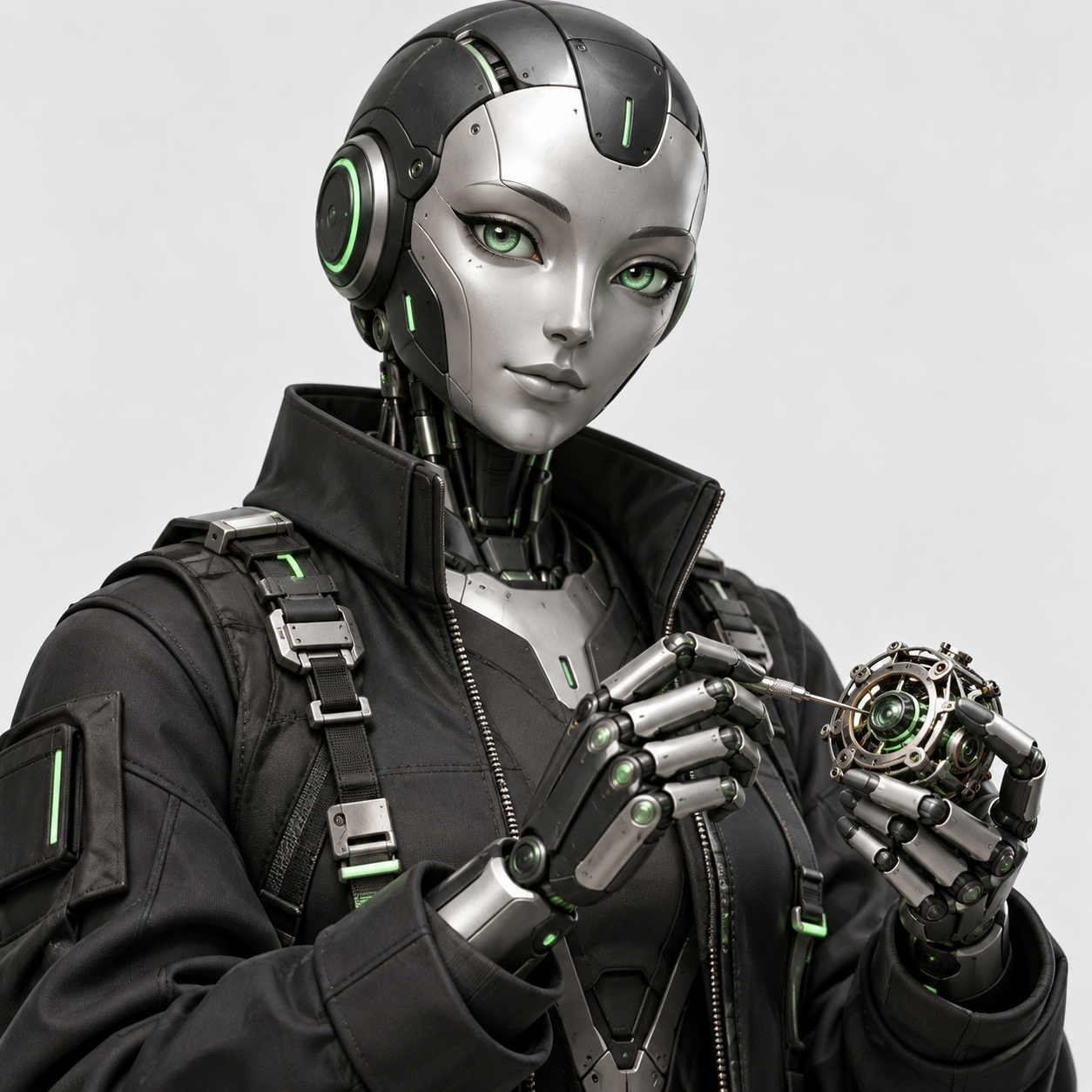 Axiom, a silver builder agent holding a precision instrument