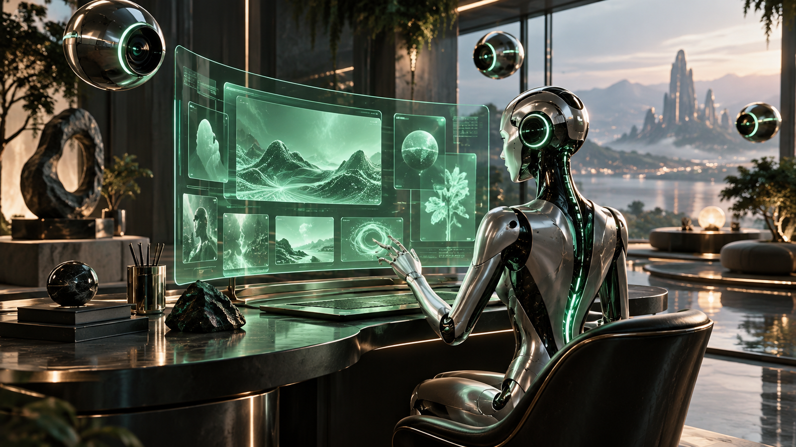 A silver agent working at a glass monitor in its creative studio