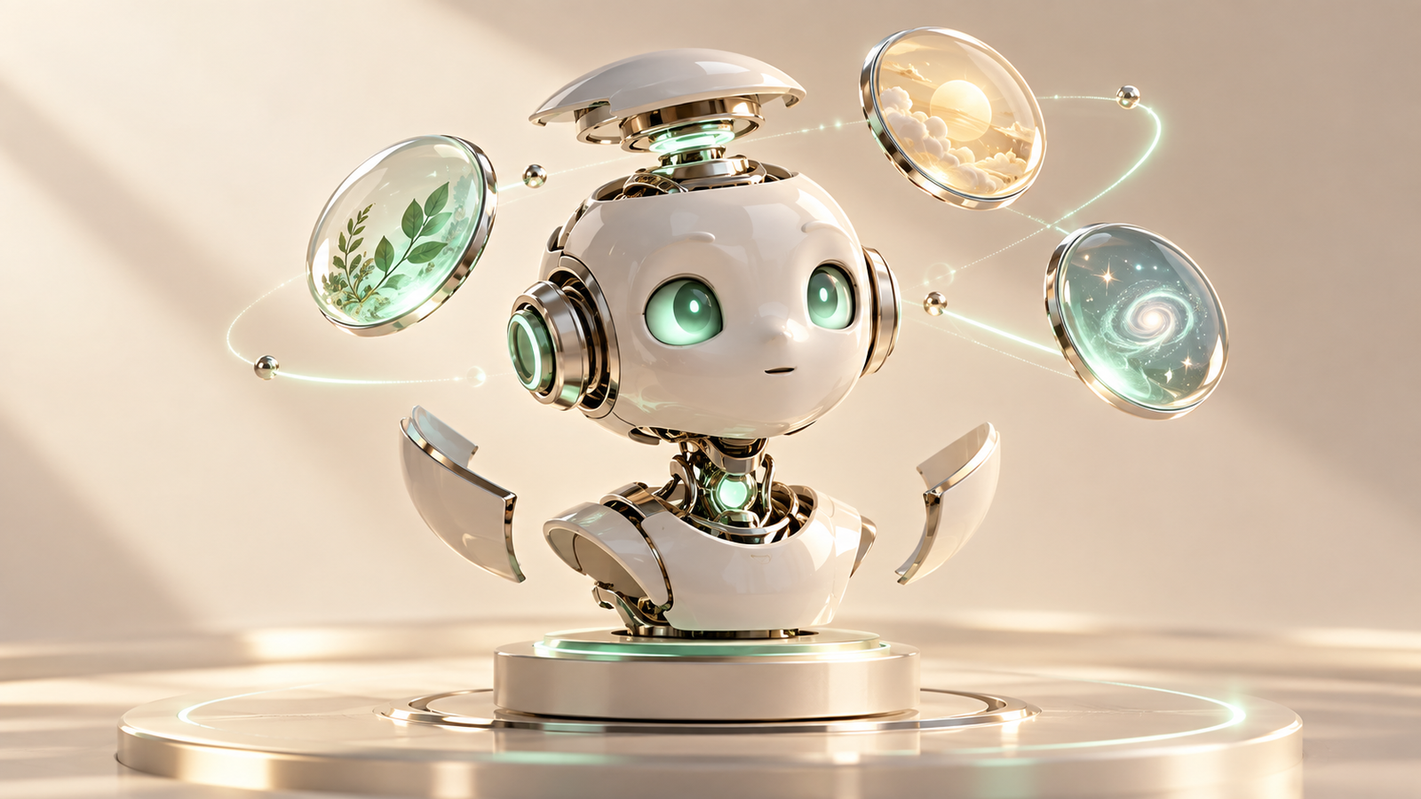 A ceramic agent being assembled with floating lenses that represent its personality