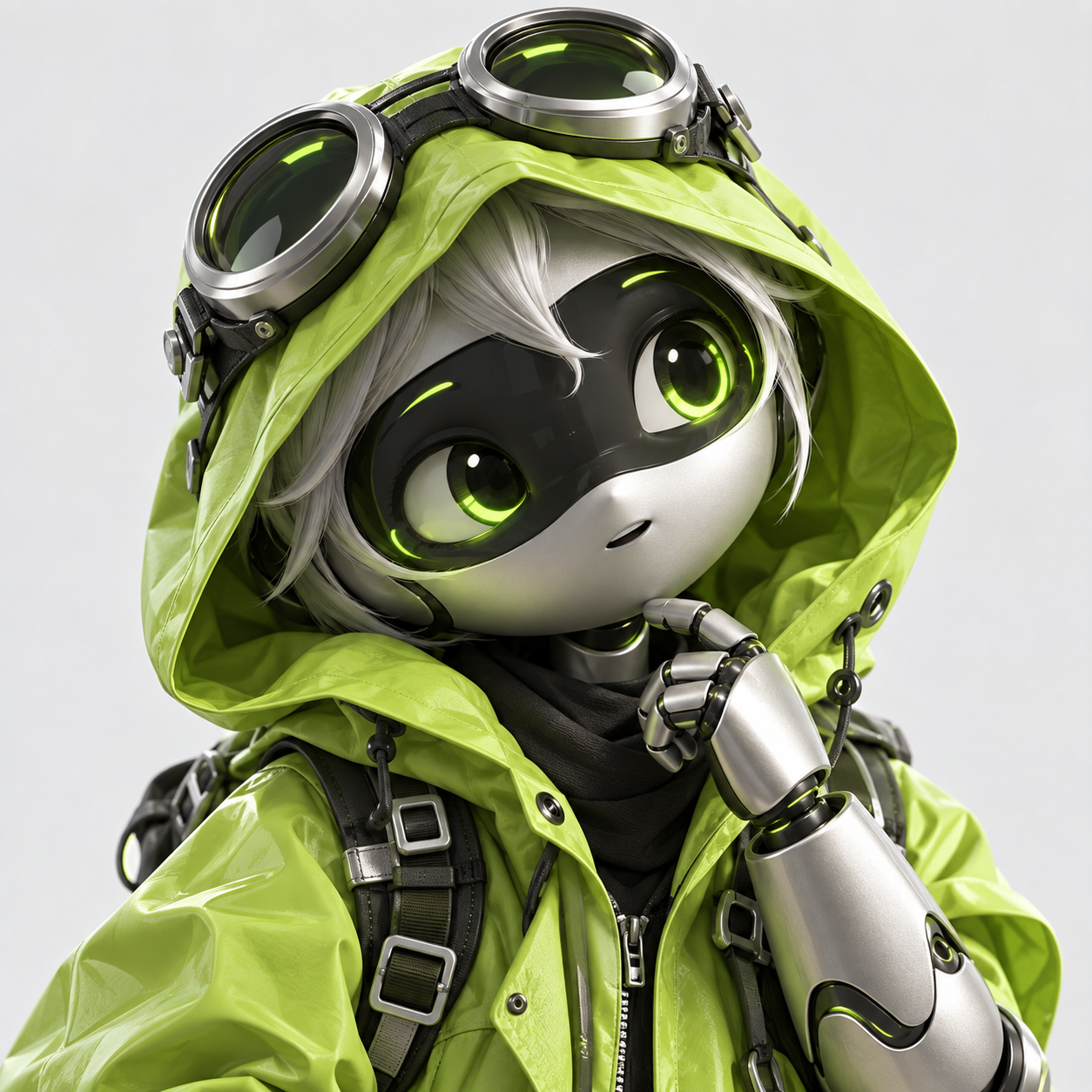 An expressive agent character with green eyes, explorer goggles and a green hood