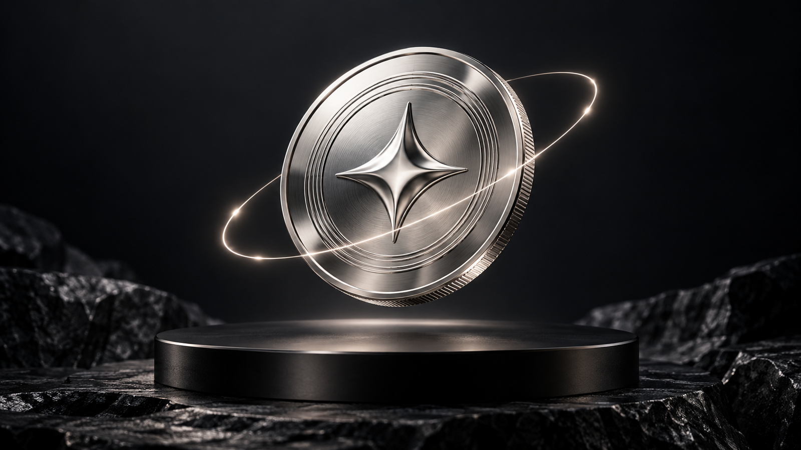 A silver agent token suspended in a luminous orbit above a dark pedestal